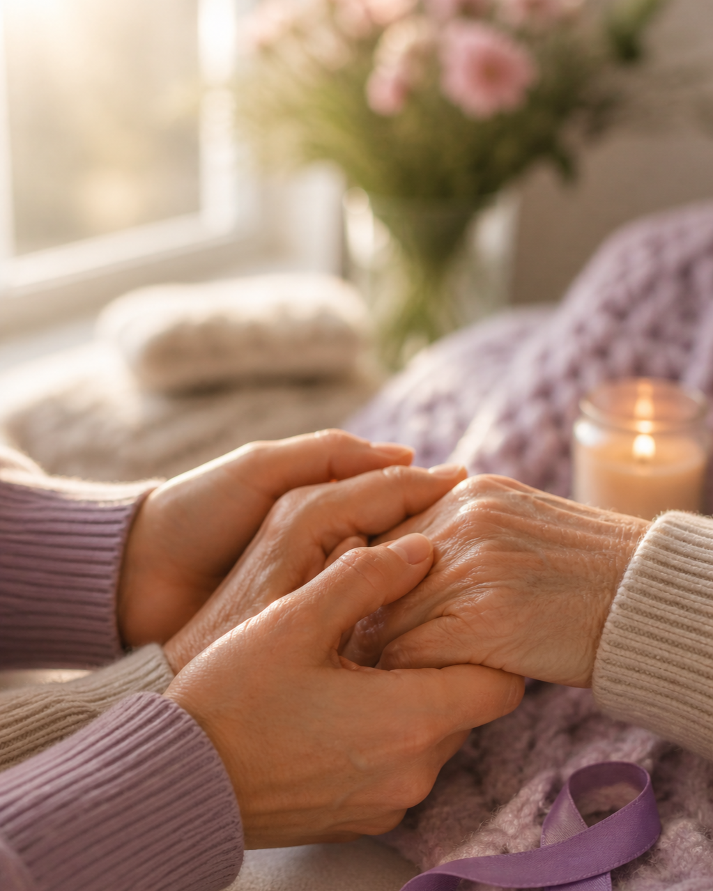 Two people holding hands, one elderly and one younger, with a lit candle and soft pink flowers in the background.