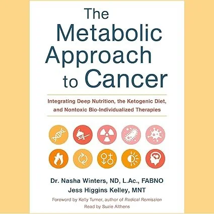 Book cover titled "The Metabolic Approach to Cancer" with subtitle about integrating deep nutrition and bio-individualized therapies, authored by Dr. Nasha Winters and Jess Higgins Kelley, MNT, featuring icons of various health and nutrition symbols.