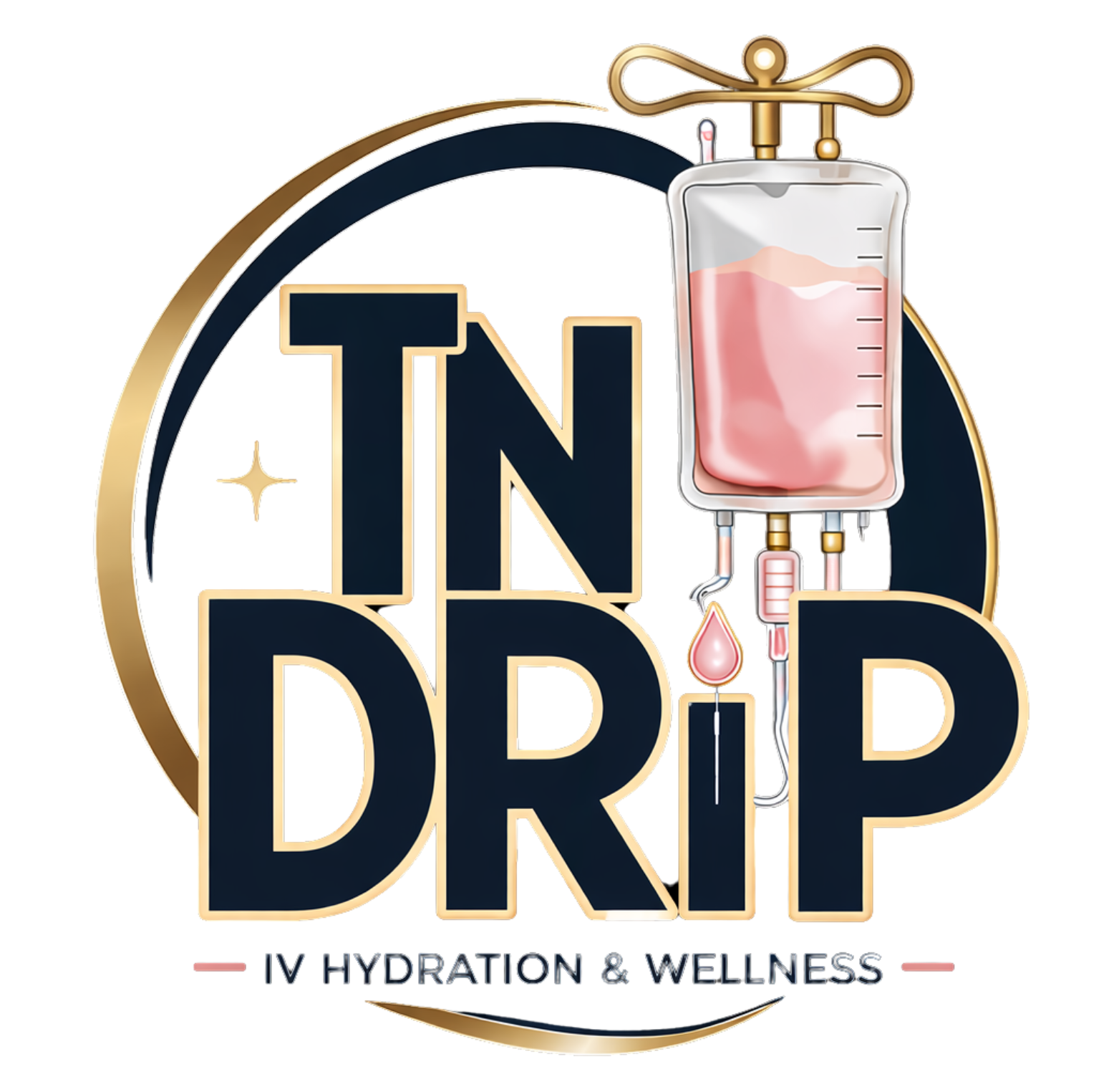 A logo with the words "TND DRIP" in large black and gold letters, with an IV drip bag on the right side and text below reading "IV Hydration & Wellness."