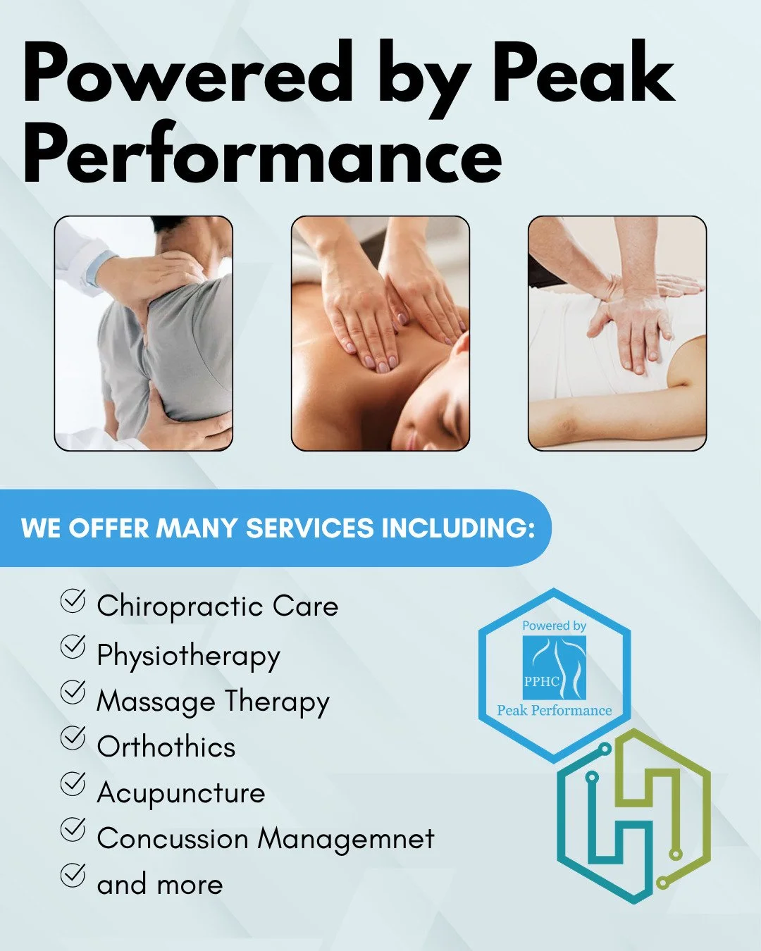 Welcome to Powered By Peak Performance!

🙌What we offer: 
- Chiropractic Care 
- Physiotherapy 
- Massage Therapy 
- Orthotics
- Acupuncture 
- Concussion Management 
- and more

📍Located at 570 Woodlawn Road West Guelph, in the Linemar Health Hub
