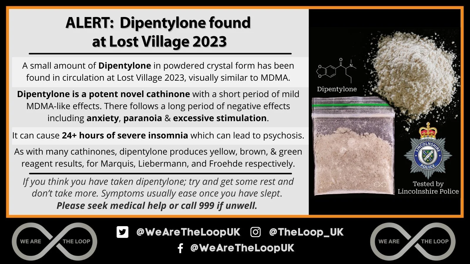 ALERT: Dipentylone found at Lost Village 2023