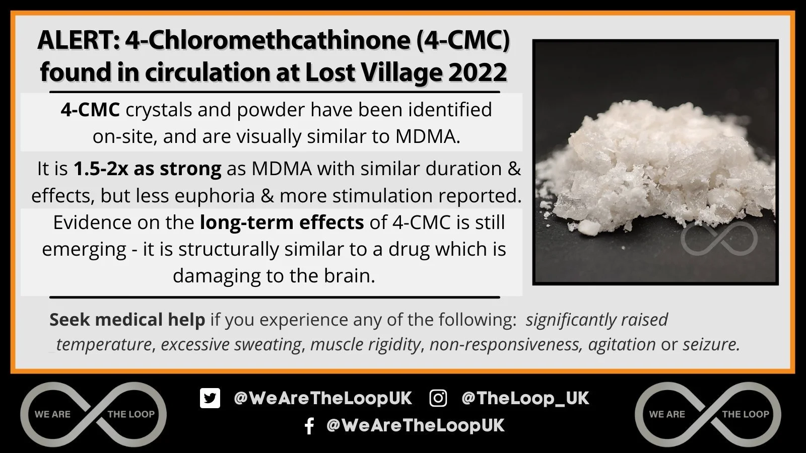 ALERT:  4-Chloromethcathinone (4-CMC) found in circulation at Lost Village 2022.