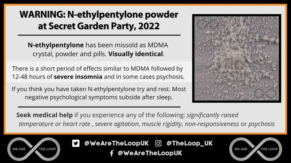 ALERT: N-ethylpentylone powder at Secret Garden Party 2022.
