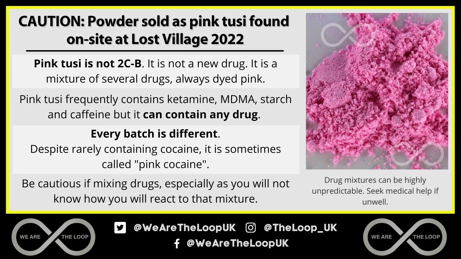 ALERT: Powder sold as pink tusi found on-site at Lost Village 2022