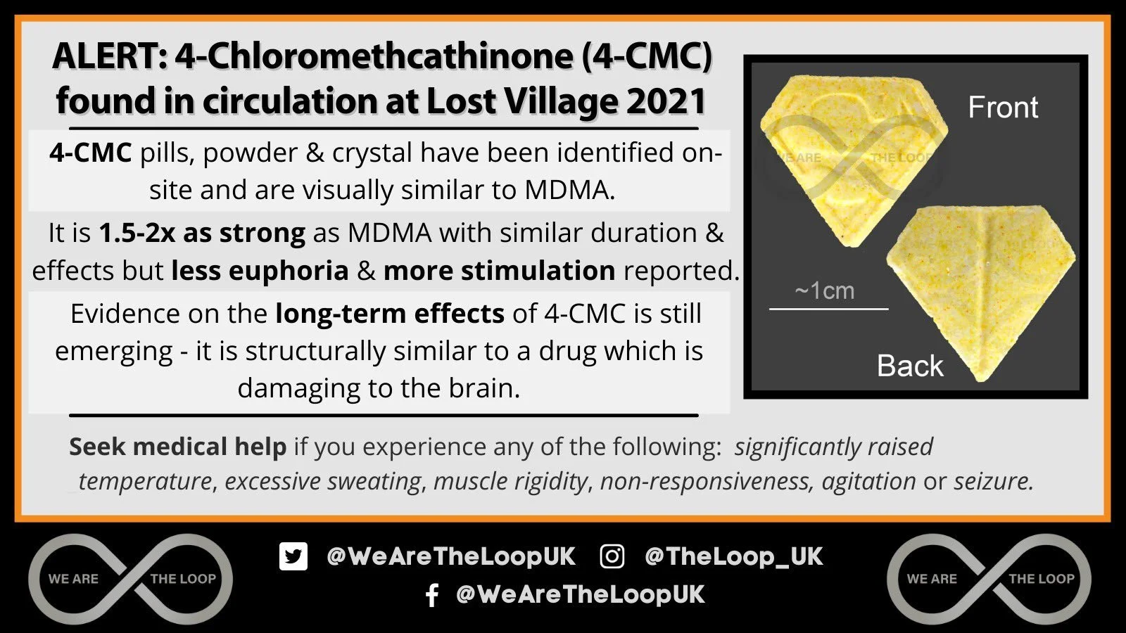 An infographic warning about 4-Chloromethcathinone (4-CMC) found at Lost Village 2021, with text explaining its potency, effects, and risks. It includes an image of a yellow, diamond-shaped pill with a scale indicating approximately 1 cm, showing fro