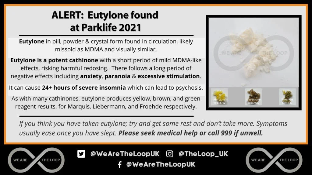 A warning sign about the detection of synthetic euprolone or similar substances, including details on its form, effects, and health risks, with a small image of a powdery substance and color swatches labeled 'Yellow,' 'Brown,' and 'Green'.
