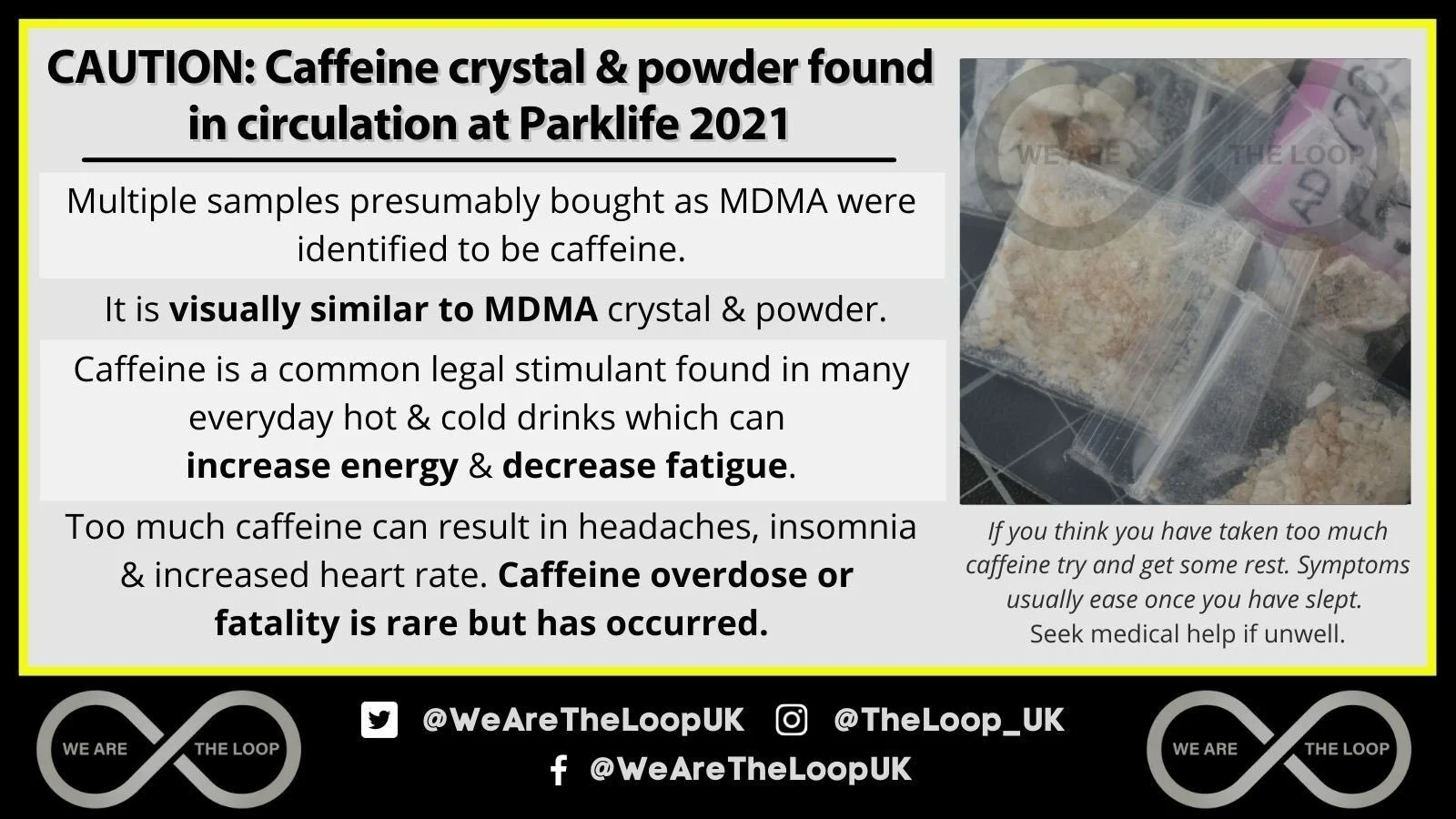 Warning sign about caffeine crystals and powder found at Parklife 2021, with detailed information on caffeine, its effects, overdose risks, and symptoms, alongside an image of drug powder in small bags.