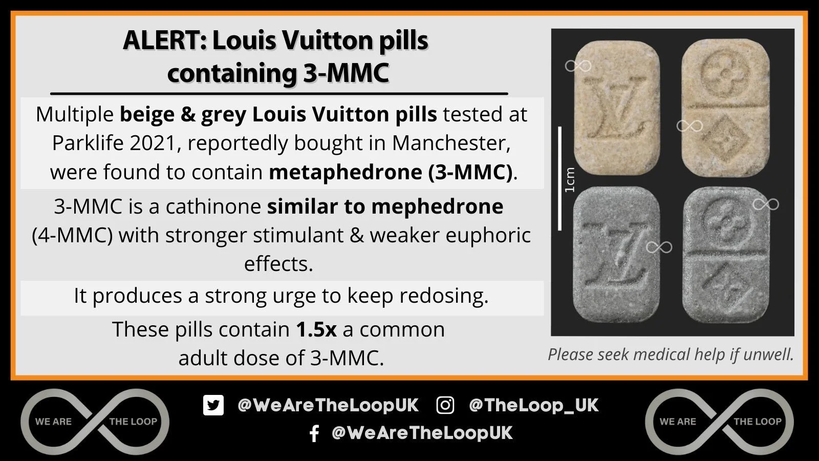 An infographic warning about Louis Vuitton pills containing 3-MMC, a drug similar to mephedrone, with images of four pills showing the Louis Vuitton logo, and text explaining the substance's effects and risks.