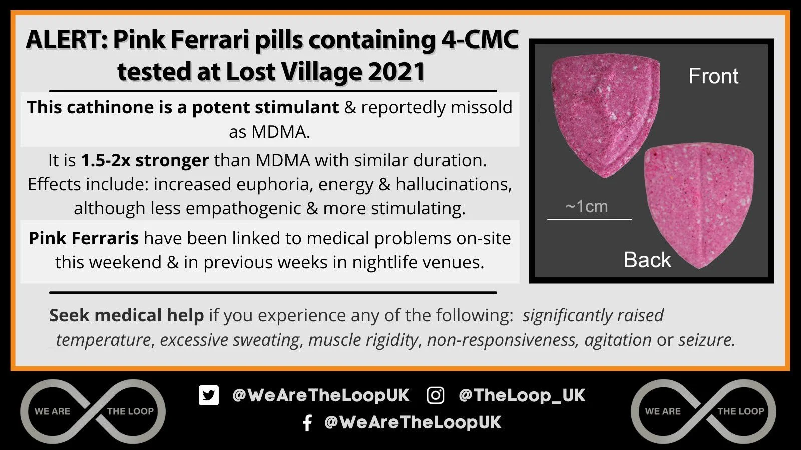 Warning sign about pink Ferrar pills containing 4-CMC tested at Lost Village 2021, with an image of pink pills shown from front and back, approximately 1 cm in size.
