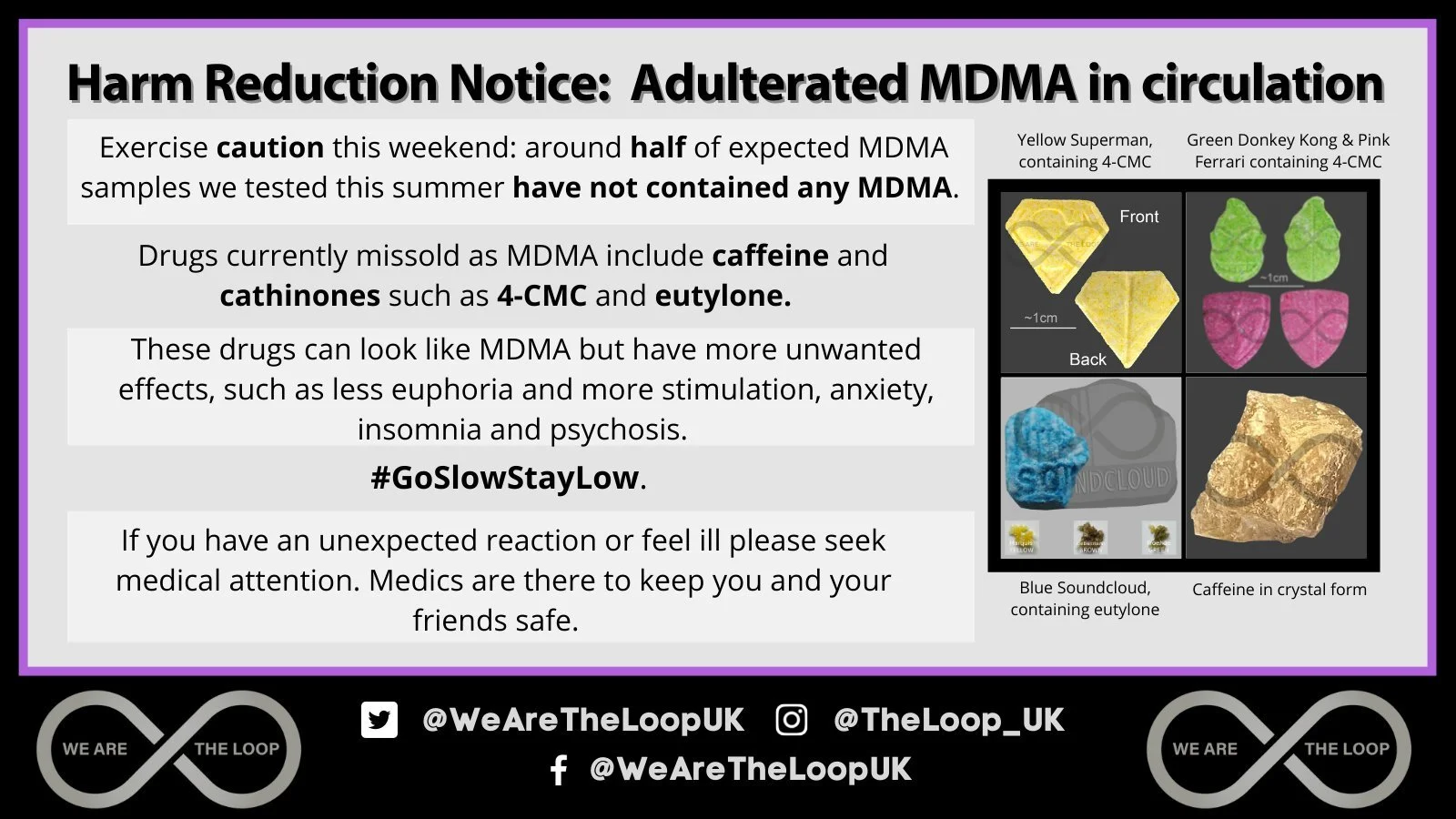 Infographic warning about adulterated MDMA, showing different drug samples and highlighting risks of false MDMA containing caffeine, cathinones like 4-CMC, and eutylone. Includes social media handles.