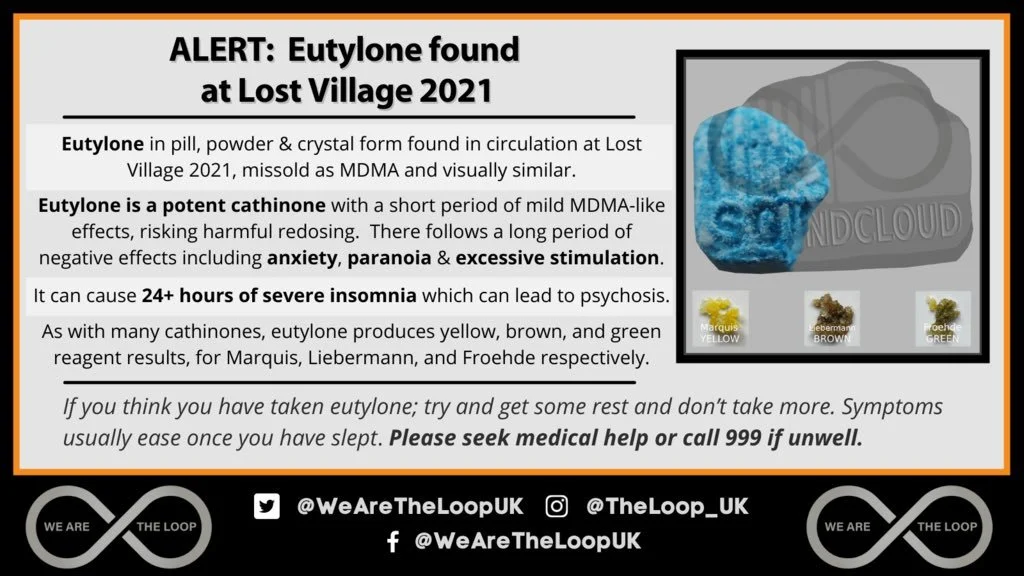 Informational warning about the presence of eytulone, a potent substance found in pills, powder, and crystals, indicating danger related to its effects and risks of severe insomnia, anxiety, paranoia, and psychosis. The image includes a blue pill and