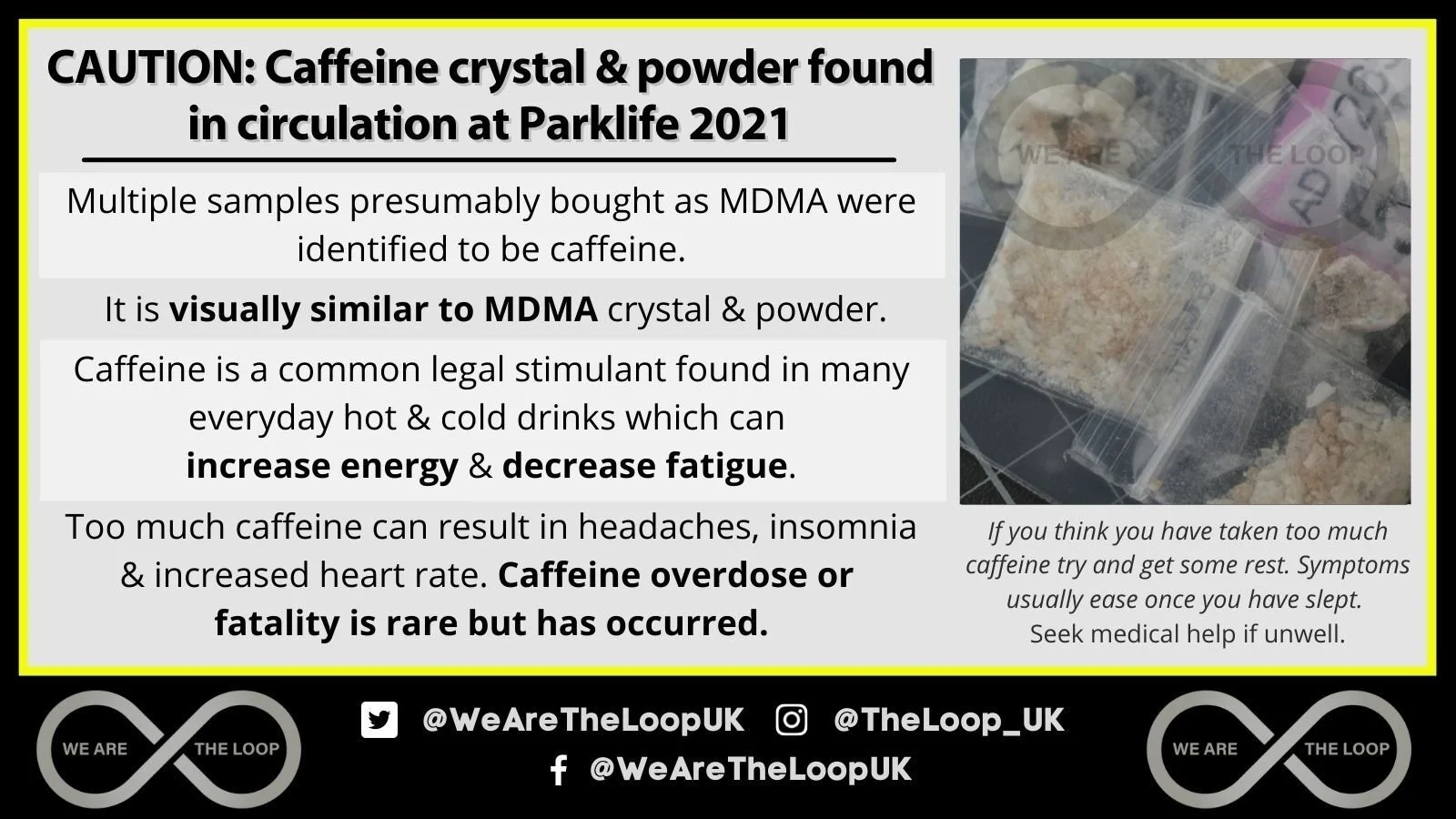 Information poster warning about caffeine crystal and powder found in circulation at Parklife 2021, showing samples of the substance in small plastic bags, with text explaining that caffeine is often mistaken for MDMA and can have serious health risk