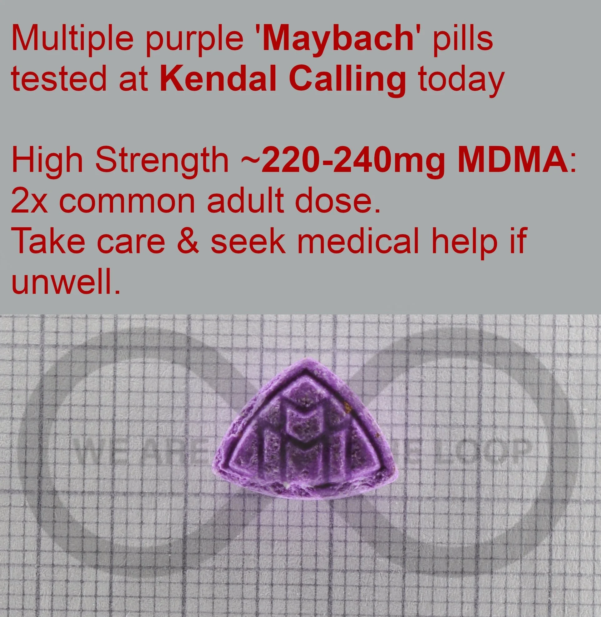 A purple Maybach pill with an intricate geometric design, placed on a grid background, along with a warning label about its high strength and medical advice.