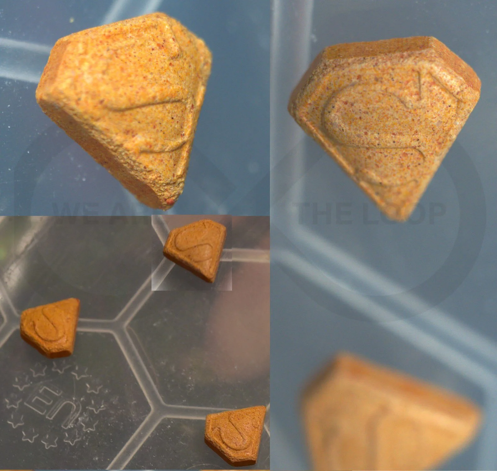 Close-up images of a small, triangular-shaped, orange-brown object with lines and markings, possibly a toy or a miniature model, displayed on a transparent surface.
