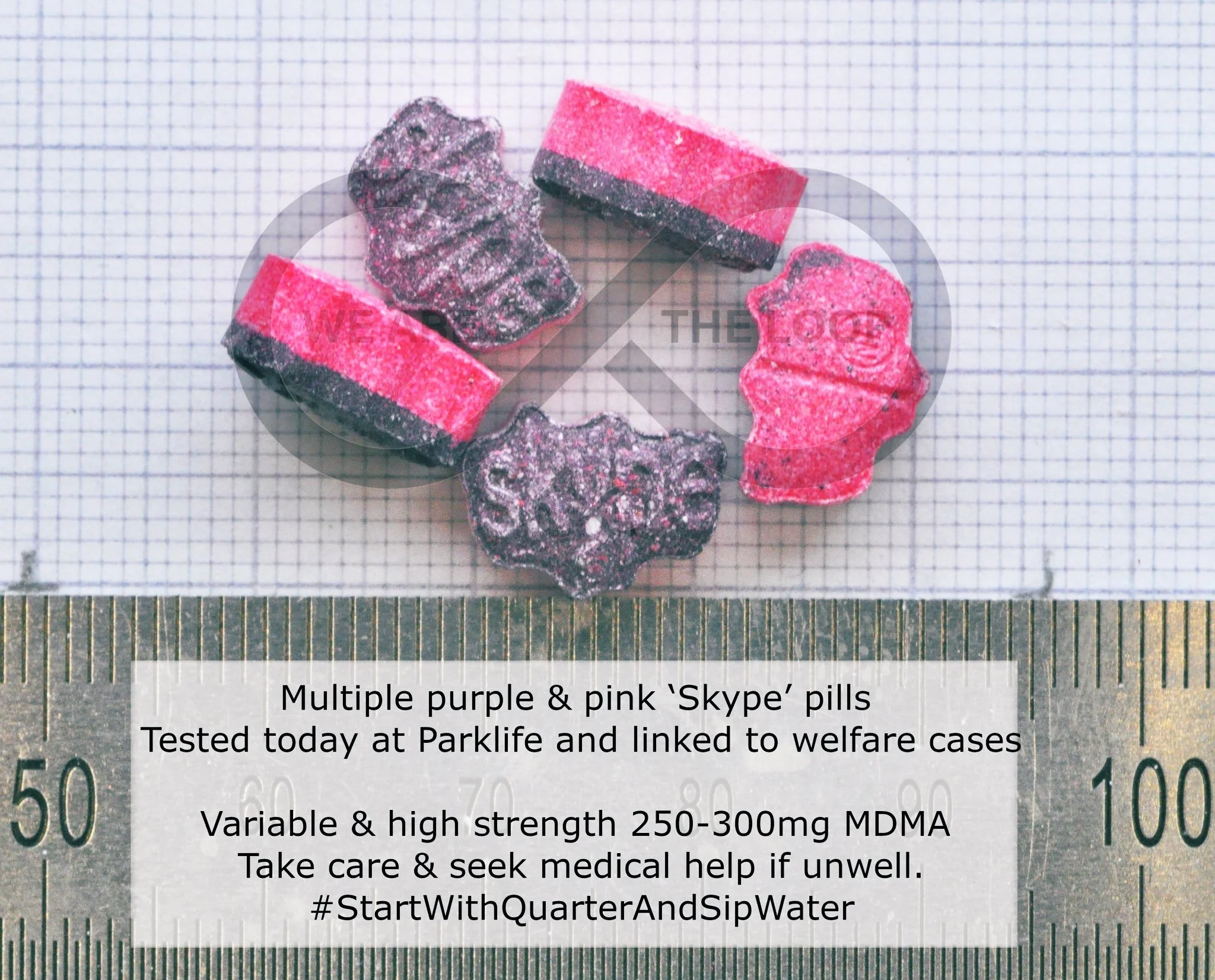 Multiple purple and pink 'Skype' pills displayed on graph paper with a ruler at the bottom. The pills are tested at Parklife, linked to welfare cases, and contain 250-300 mg MDMA. Message warns to seek medical help if unwell and includes hashtag #Sta