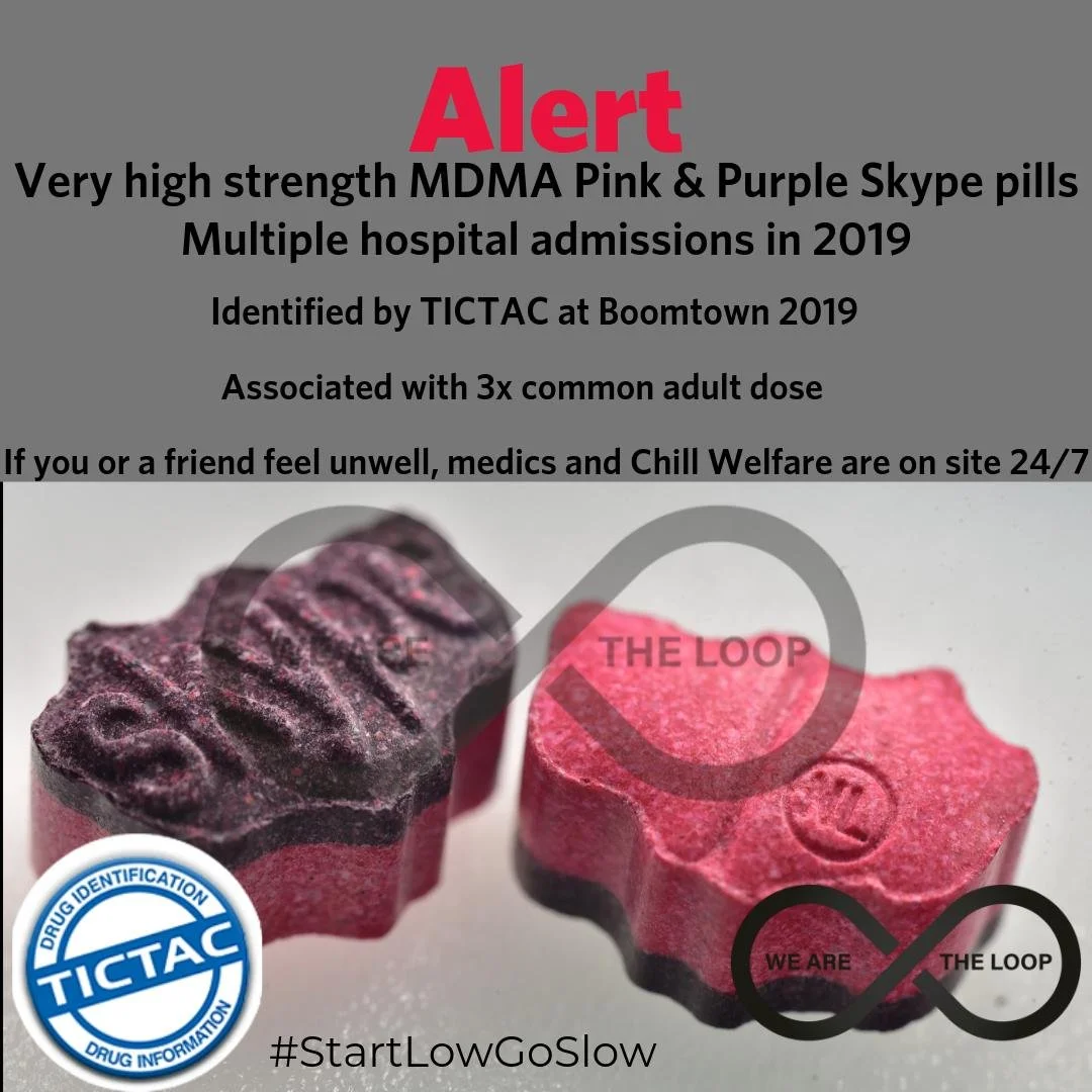 Alert warning about high strength MDMA pink and purple Skype pills linked to hospital admissions in 2019, with images of two pills and official warning symbols.