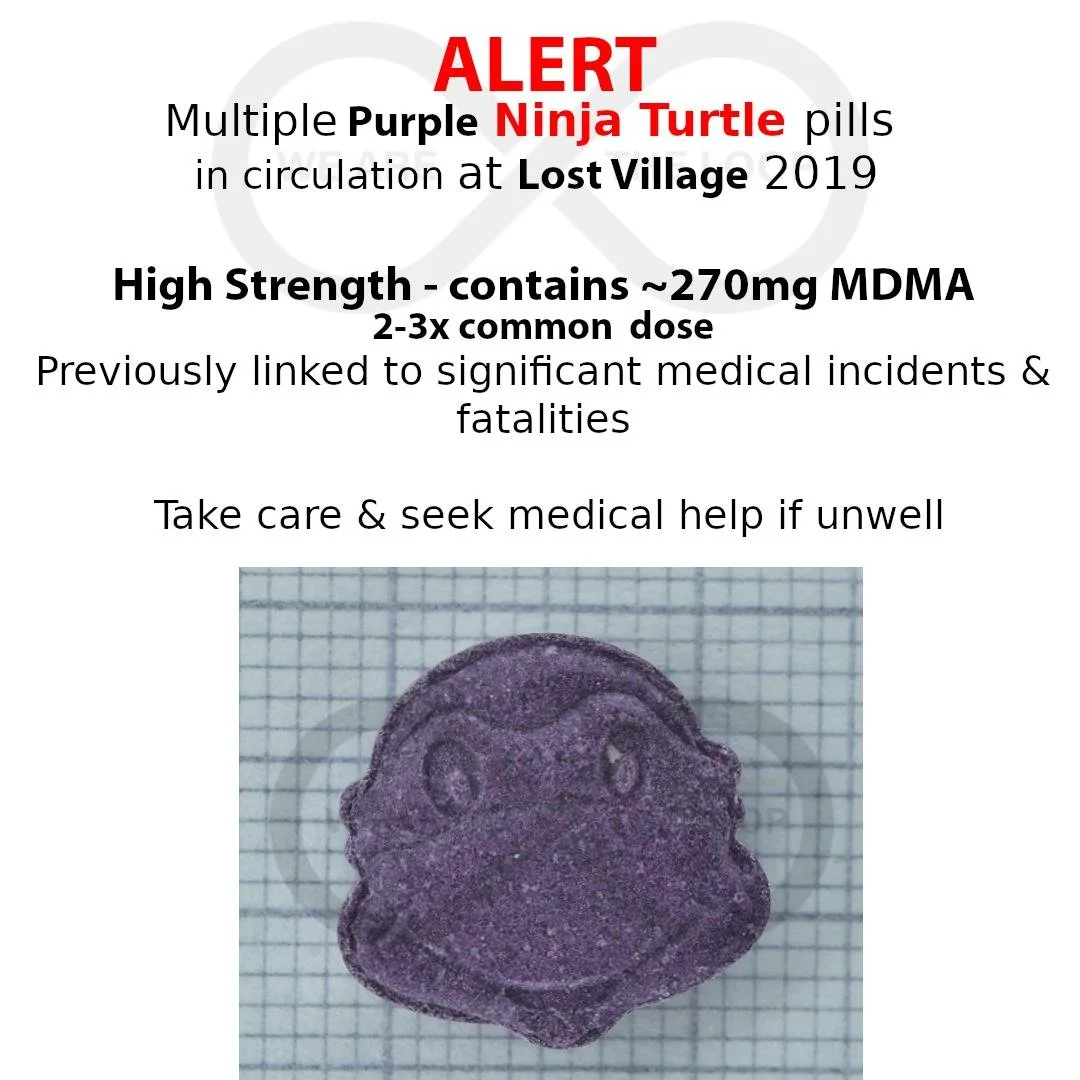 A warning sign about purple ninja turtle pills circulating at Lost Village in 2019. Contains 270mg MDMA, 2-3 times common dose, linked to medical incidents. Includes an image of a purple ninja turtle-shaped pill.
