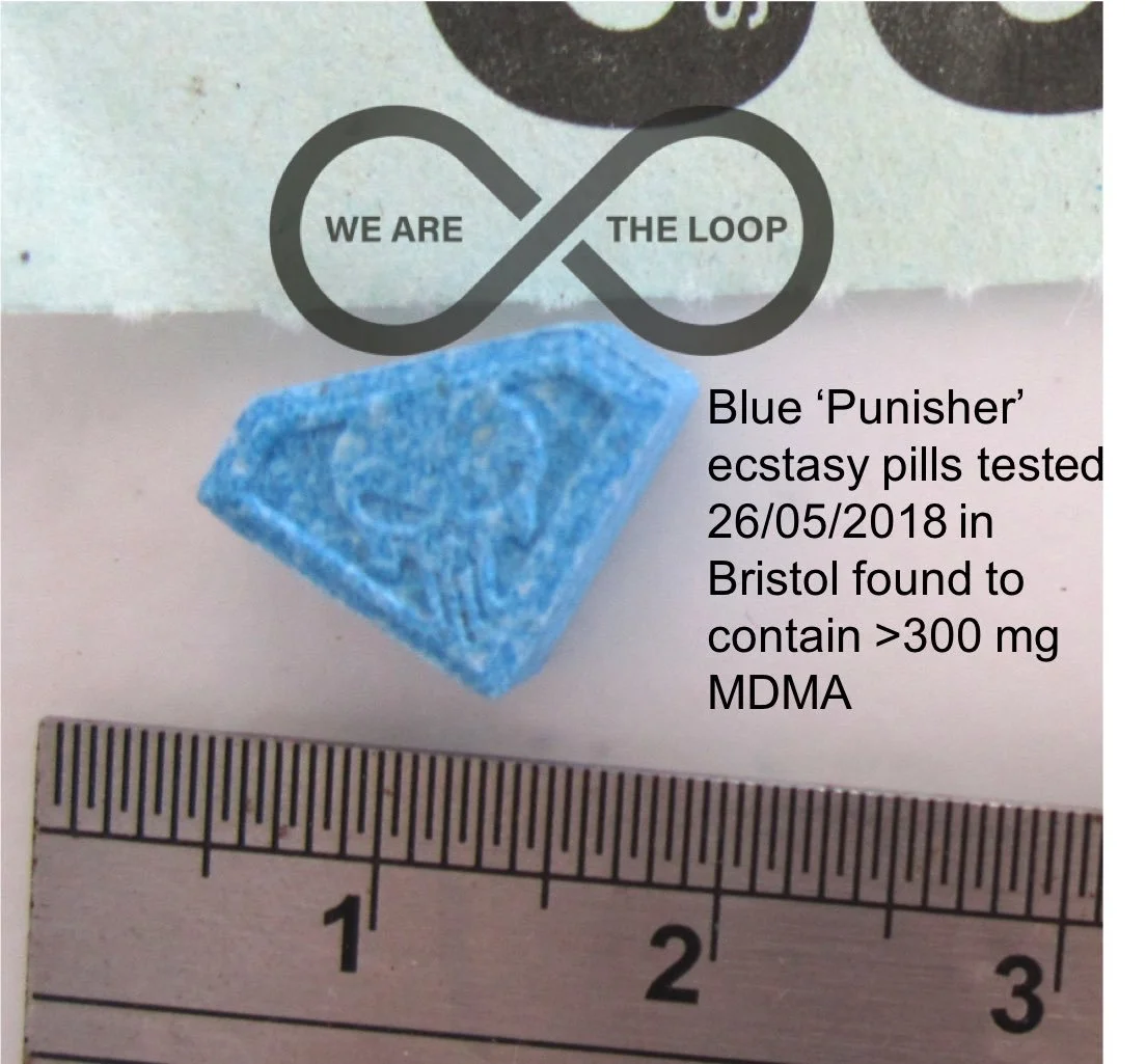Photo of a blue ecstasy pill with a geometric design, a logo, and a ruler below for scale. Text indicates it is called 'Punisher', tested in Bristol on 26/05/2018, containing over 300 mg of MDMA.