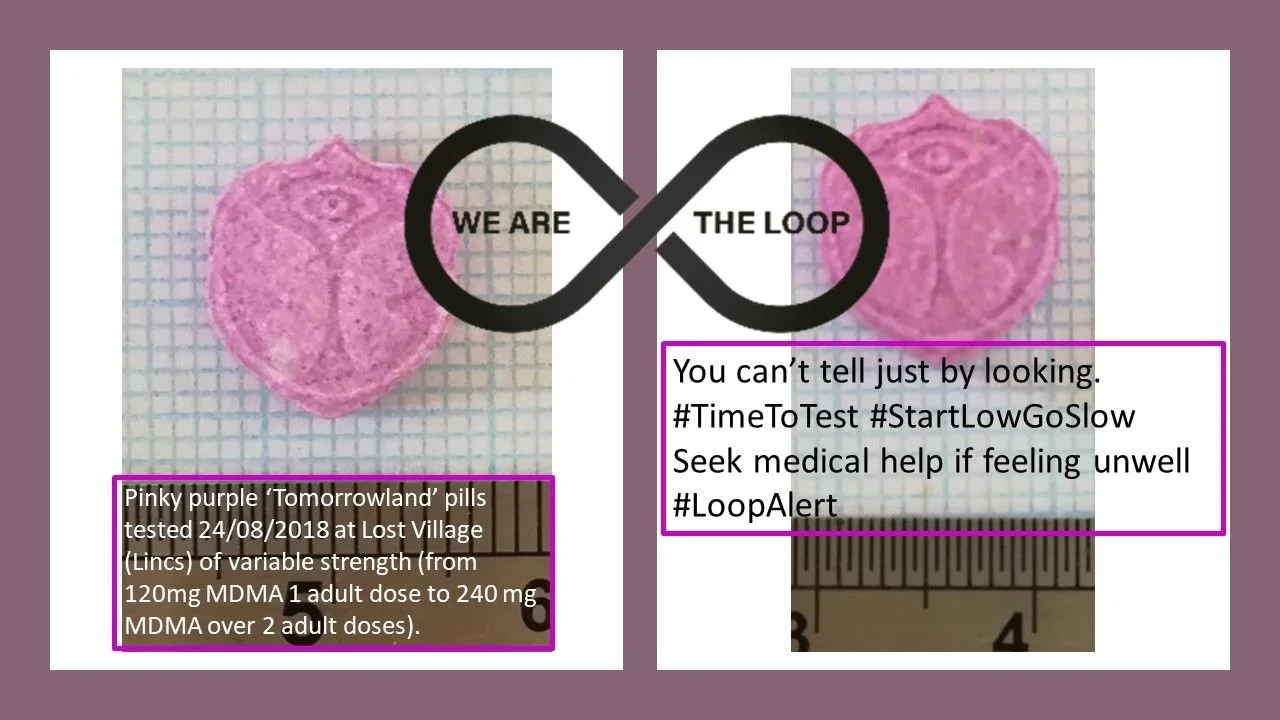 Image showing two pink pills with detailed markings, each embedded in a grid paper background, along with a black infinity symbol and text about drug testing. Additional text provides information on the pills being from 'Tomorrowland' tested in 2018,