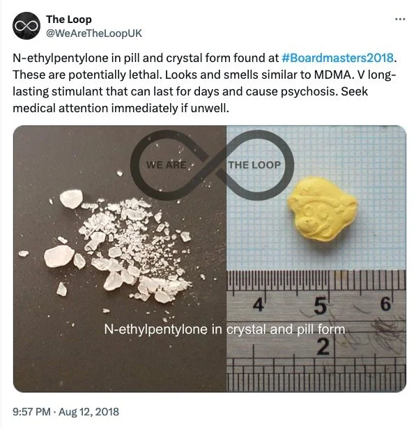 Comparison of N-ethylpentylone in crystal form and pill form, with a visual of crushed white crystals on the left and a yellow pill on a blue grid background on the right, including a ruler.
