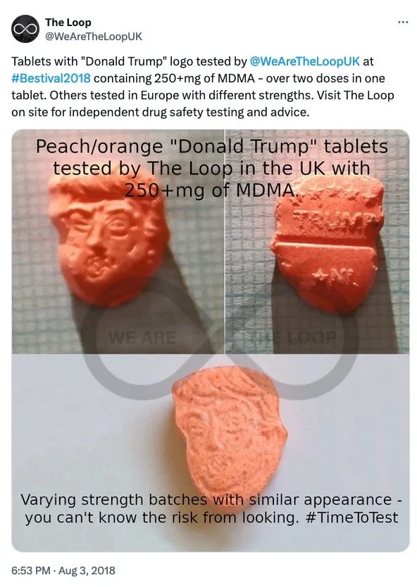 Three peach/orange tablets resembling Donald Trump, tested for MDMA. One tablet shows the face, a second shows the back, and a third shows a similar unlabelled tablet. Text notes that the tablets contain over 250 mg of MDMA and vary in strength.