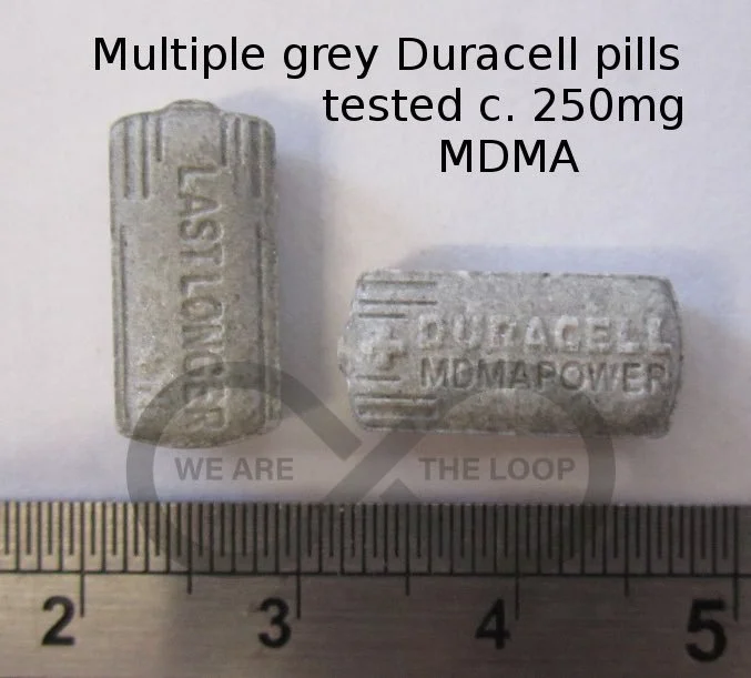 Two gray Duracell pills, one standing vertically and the other lying horizontally, with measuring ruler showing a length of about 2.8 centimeters, labeled as multiple gray Duracell pills tested at approximately 250mg MDMA.