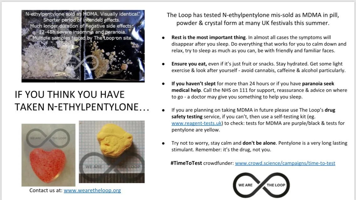 Information about N-ethylpentylone mis-sold as MDMA, with images of a powder and pill, and tips for sleep and drug safety