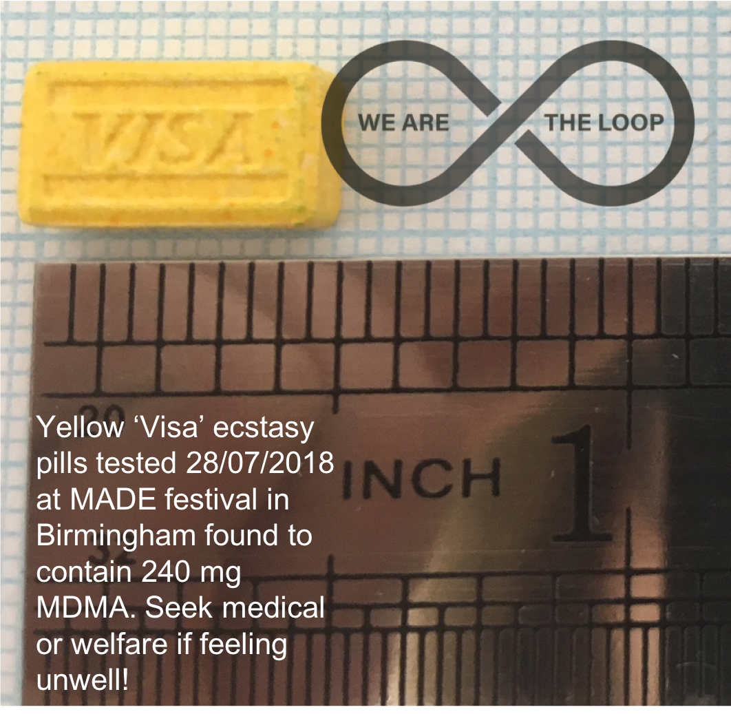 The image shows a yellow 'Visa' pill, a metal ruler, and a logo with an infinity symbol and the words 'WE ARE THE LOOP'. The text indicates that the yellow 'Visa' ecstasy pills were tested on 28/07/2018 at the MADE festival in Birmingham and containe