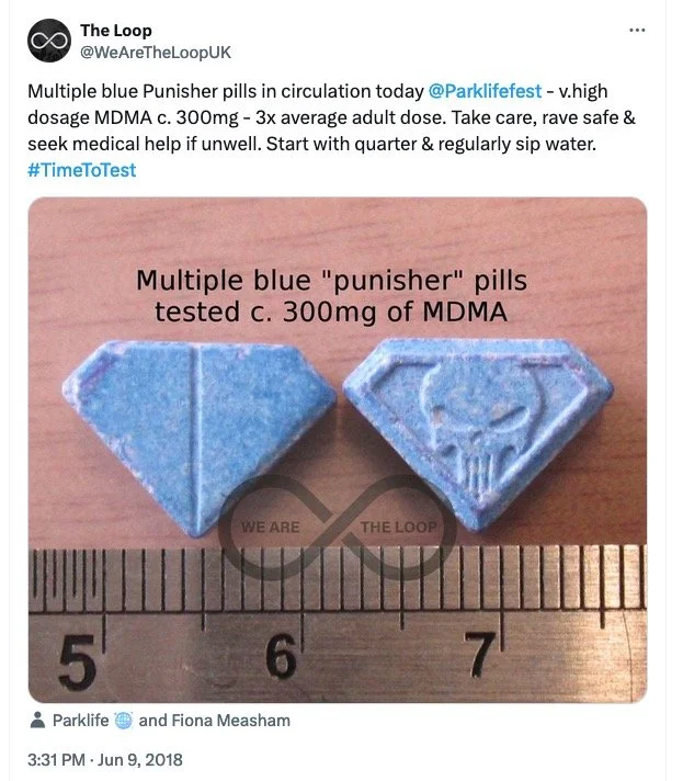Two blue pills shaped like diamond and a superhero emblem, labeled as 'multiple blue punisher pills tested c. 300mg of MDMA,' placed on a ruler for size reference.