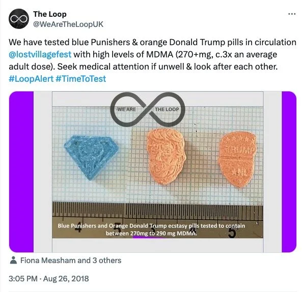 Tested blue Punisher pill, orange Donald Trump pill, and orange Trump-shaped pill on graph paper. Caption mentions high levels of MDMA, between 270mg to 290mg.