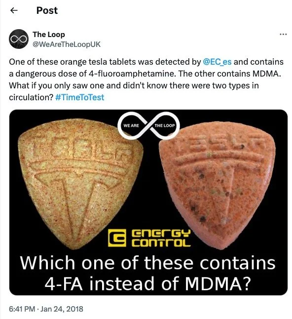Comparison of two orange, leaf-shaped tablets, one with the logo of Energy Control and the other with an unclear design, used to identify which contains 4-fluoroamphetamine instead of MDMA.