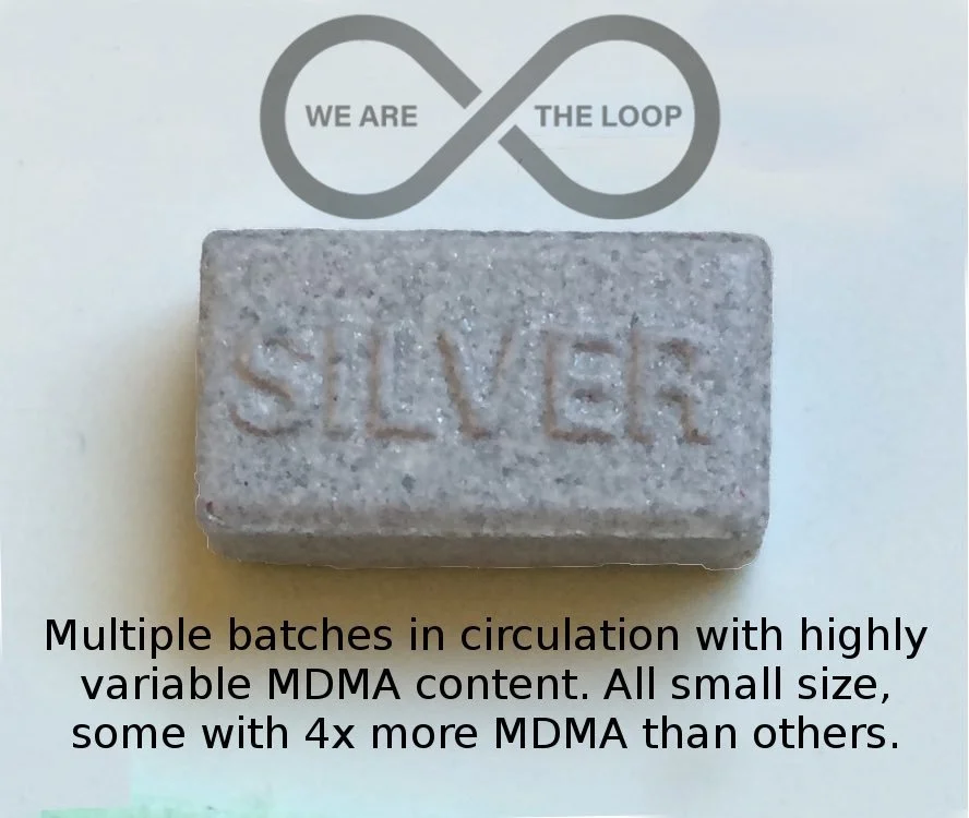 A gray pill with the word SIVER embossed on it, with a logo above that reads 'We Are The Loop' and a caption about multiple batches with variable MDMA content.