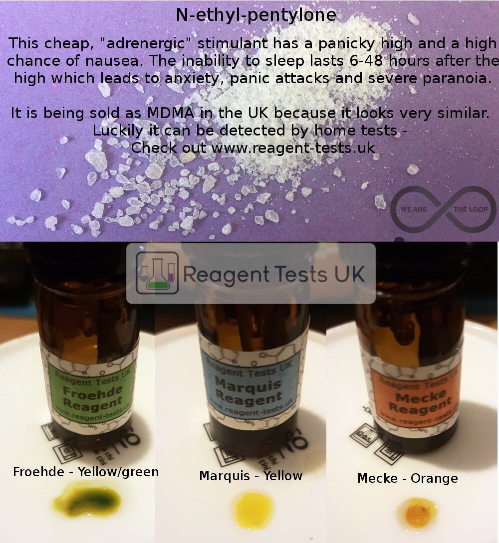Image of three small test bottles labeled Froehde, Marquis, and Mecke reagent, each containing different chemicals, with color test results showing green, yellow, and orange colors respectively, on white testing plates. The background has information