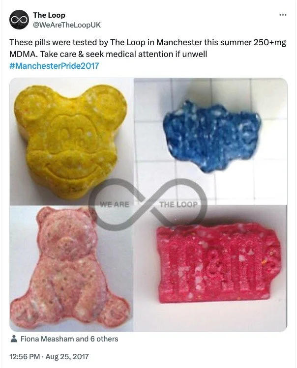 Four different pills in shapes resembling a bear, a blue splat, a teddy bear, and a rectangle with a pink and red pattern, associated with drug testing.