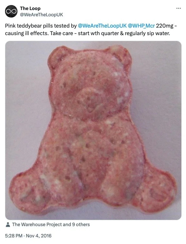 Pink teddy bear-shaped pill with a textured surface.