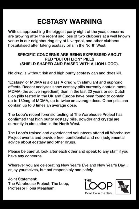 An emergency alert poster titled "Ecstasy Warning". It warns about the risks of ecstasy pills, specifically describing red Dutch lion pills with a lion logo. The poster mentions recent drug testing results, emphasizes safety during celebrations,