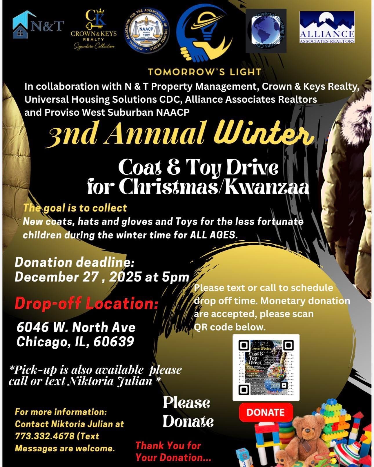 Flyer announcing the 3rd Annual Winter Coat & Toy Drive for Christmas/Kwanzaa, organized by N & T Property Management and partners. The event encourages donations of coats, hats, gloves, and toys for children, with a deadline of December 27, 2025, at