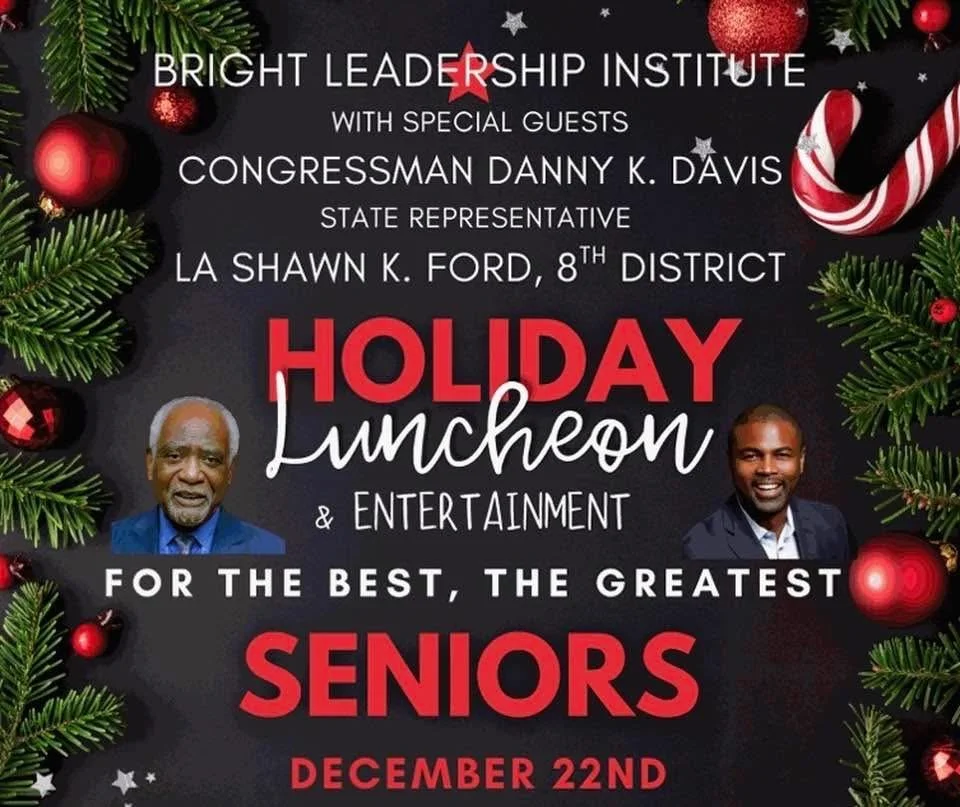 Invitation flyer for a holiday senior luncheon and entertainment, featuring photos of two men, with Christmas decorations and greenery around the edges.