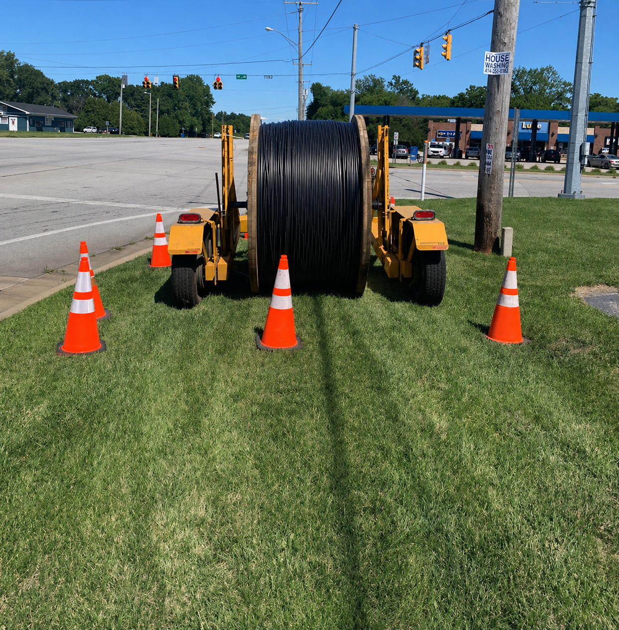 Large spool of black cable mounted on a yellow reel with orange traffic cones around it on a grassy area, near a street with traffic lights and a utility pole.