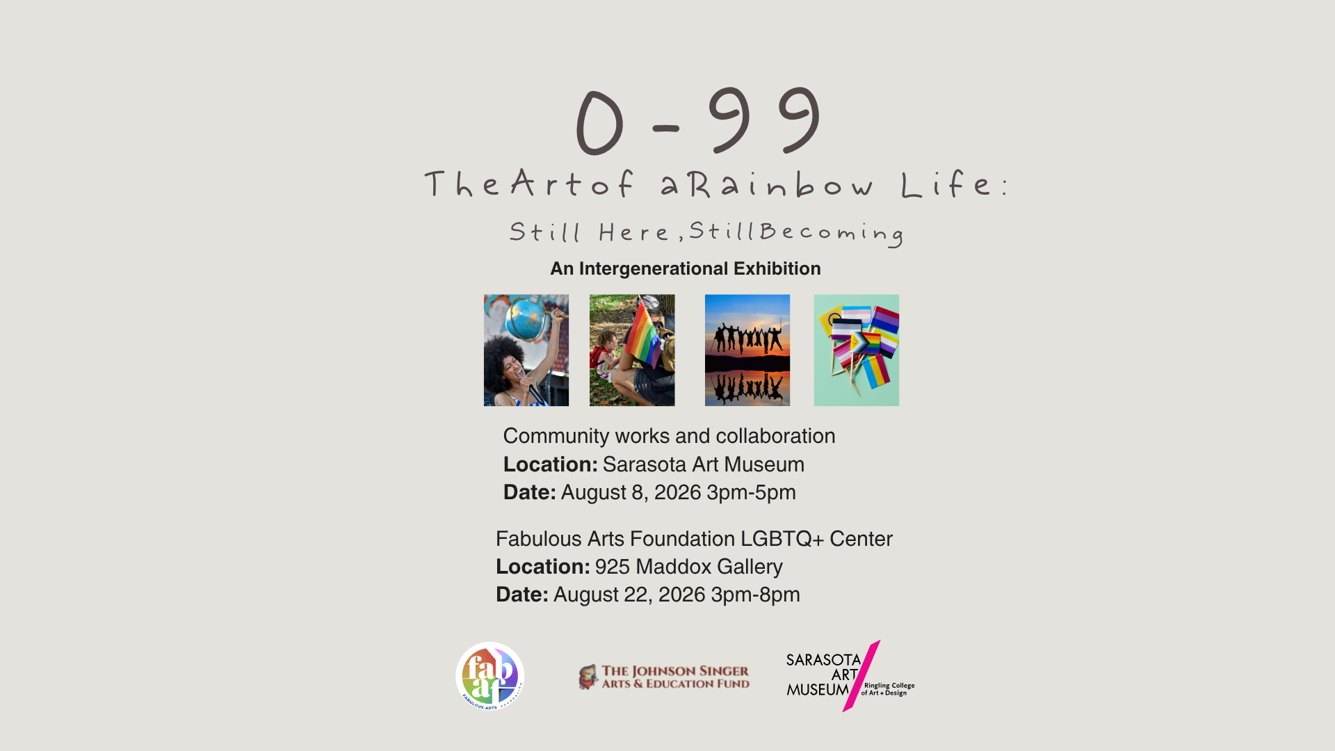 Information about two art exhibitions: One titled 'The Art of Rainbow Life: Still Here, Still Becoming,' an intergenerational exhibition at the Sarasota Art Museum on August 8, 2026, from 3 pm to 5 pm, located at 925 Maddox Gallery. The second at the Fabulous Arts Foundation LGBTQ+ Center on August 22, 2026, from 3 pm to 8 pm, also at Sarasota Art Museum, featuring community works and collaboration, with images of people holding rainbow flags, participating in community activities, and rainbow-themed crafts.