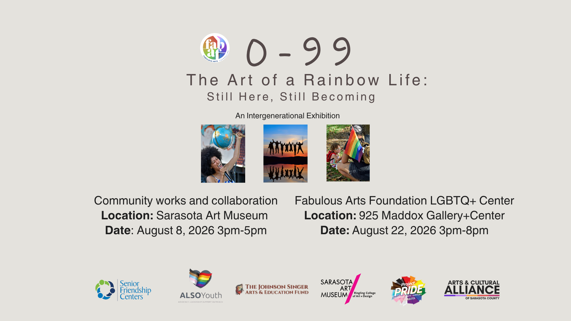 Poster advertising an art exhibition titled 'The Art of a Rainbow Life: Still Here, Still Becoming,' showing images of diverse people and Rainbow Pride flags. The event is organized by community groups and cultural institutions, with dates and locations listed for two different dates: August 8 and August 22, 2026.