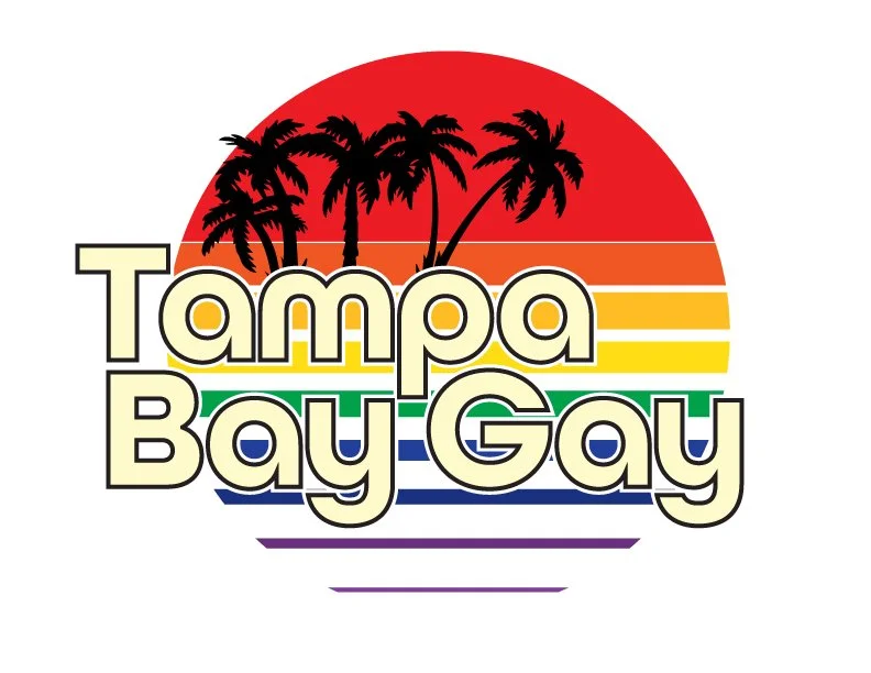 Logo featuring palm trees and sunset with rainbow-colored stripes, with the text 'Tampa Bay Gay'
