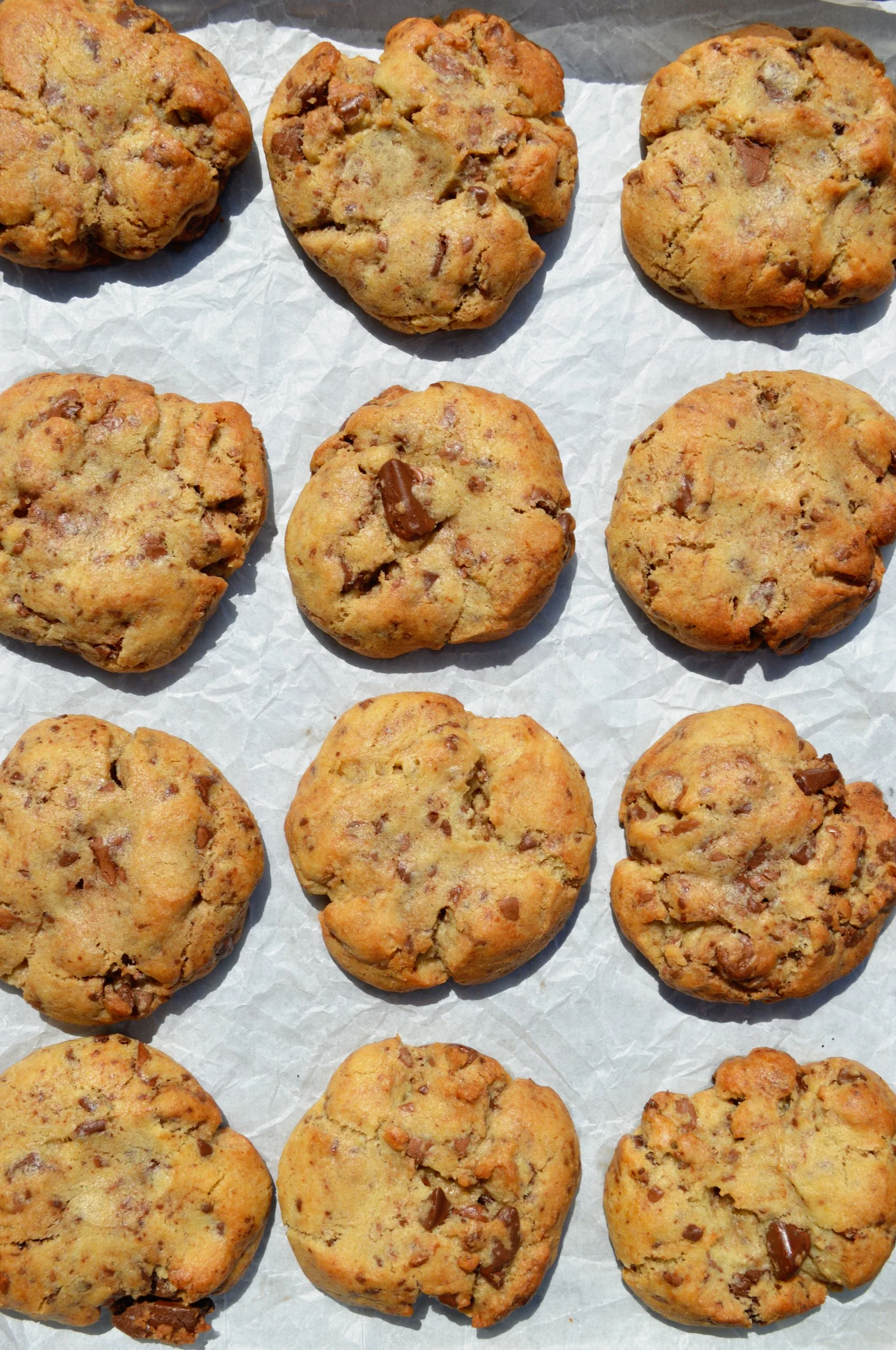 A tray of brown butter chocolate chip cookies