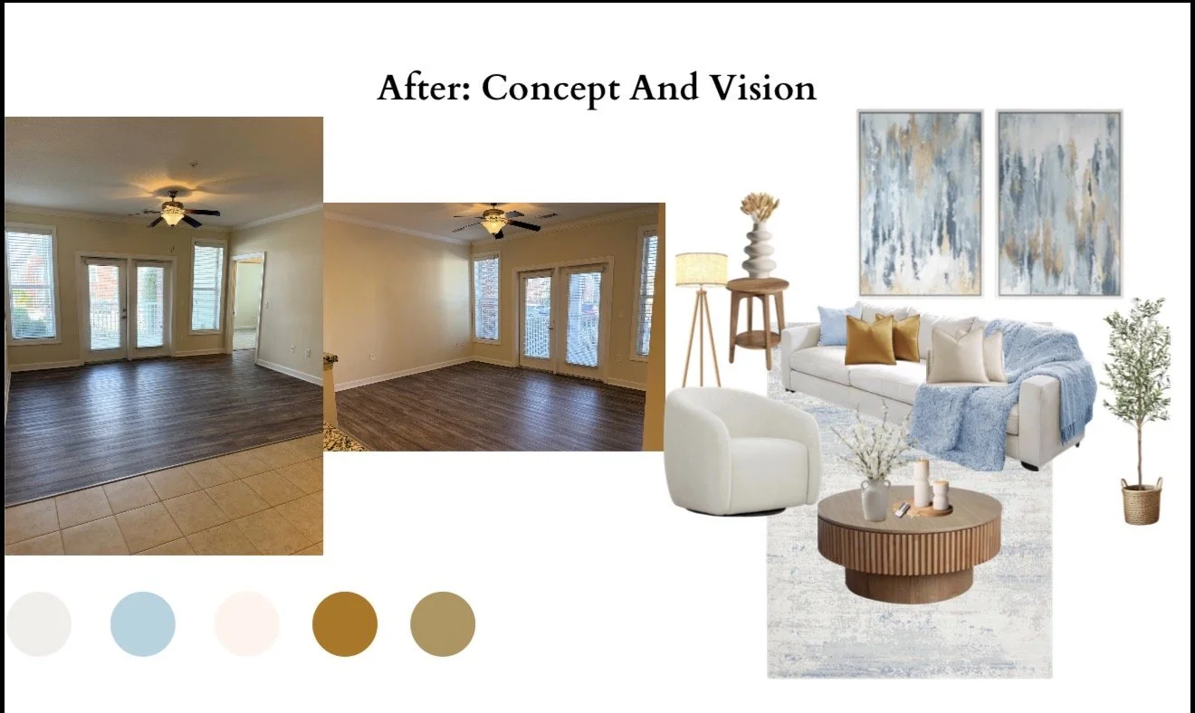 Interior design mood board showing before and after images of a living room transformation, with color palette featuring light beige, blue, peach, mustard, and taupe tones, and an illustration of a modern, light-filled living room with white and blue furniture, artwork, and decorative accents.