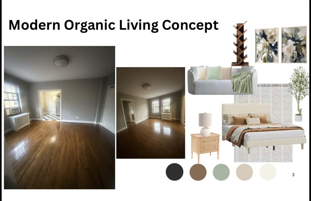Presentation slide titled 'Modern Organic Living Concept' showing before and after images of a room, interior design mood board with furniture, wall art, decorative plants, and color palette including black, brown, green, beige, and off-white.
