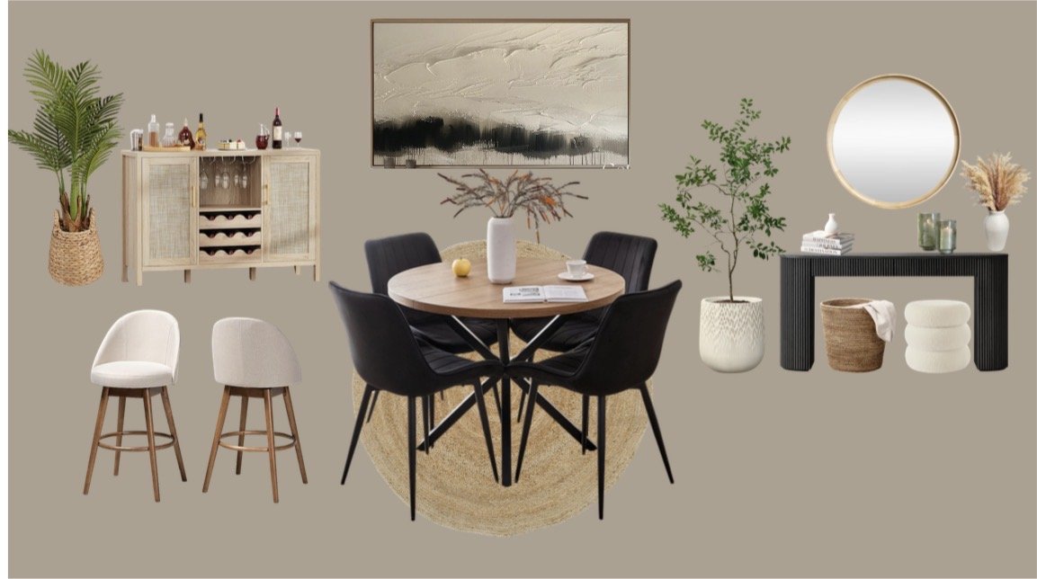A modern dining room with a round wooden table, six black chairs, and various decorative elements including a large wall art piece, plants, a mirror, and a sideboard with decorative items.