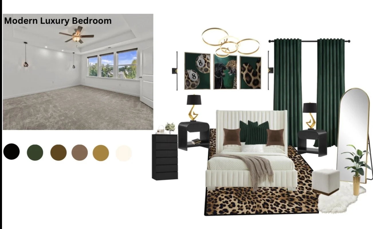 Comparison between a blank modern luxury bedroom with white walls and beige carpet, and a styled bedroom with green curtains, animal print rug, black and white furniture, green and brown pillows, artwork with animal and pool ball themes, and decorative accessories.