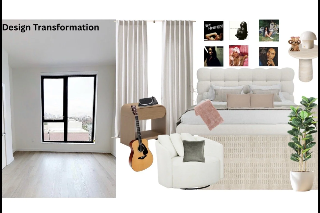 Image showing a room transformation with a large window, bedroom furniture including a bed with headboard, decorative pillows, pink throw, side table, potted plant, guitar, and a collage of album covers or artwork on the wall.