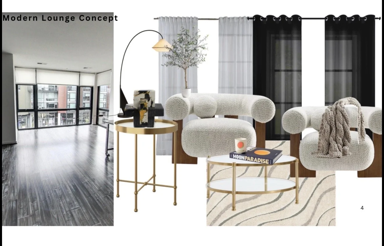 A modern living room concept with white and black curtains, two plush white armchairs with rolled arms, a round side table with a book titled 'Moon Paradise' and a candle, and a large window with black curtains. There is also a photo of an empty room with large windows and dark wood flooring, labeled 'Modern Lounge Concept'.