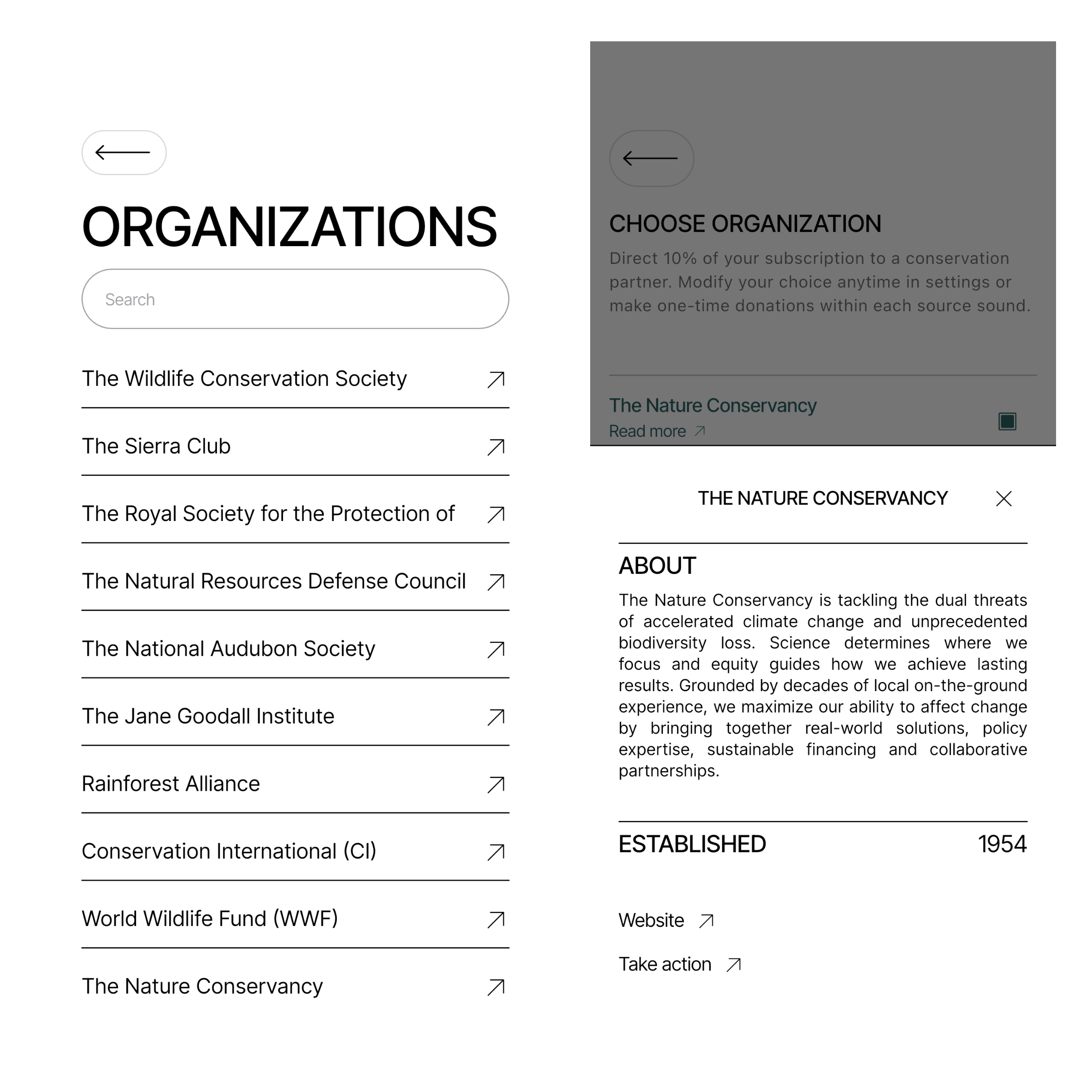A mobile app interface showing a list of conservation organizations, featuring a detailed profile screen for The Nature Conservancy highlighting its established date in 1954 and an action link.